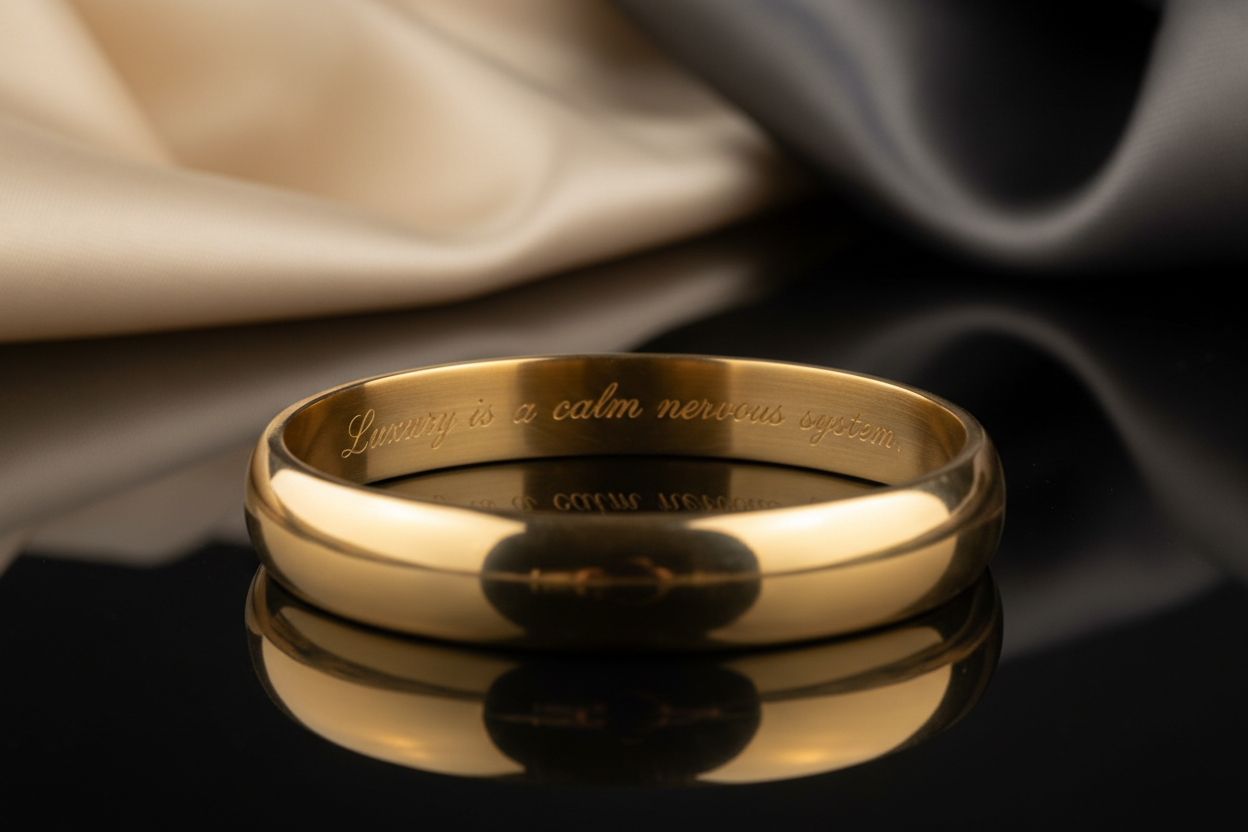 Gold bangle that says "Luxury is a calm nervous system." inside 